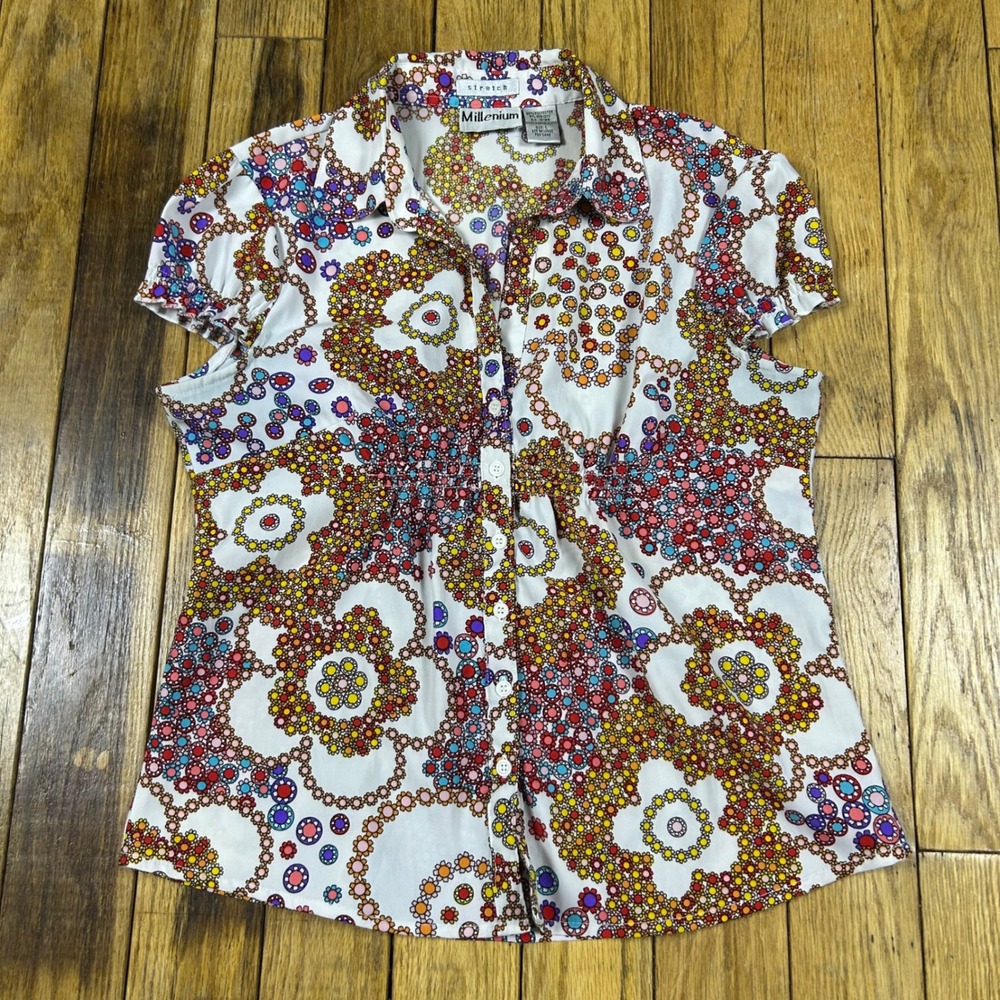 Vintage Y2K‎ Millenium White Floral Print Short Sleeve Button Down Blouse Top